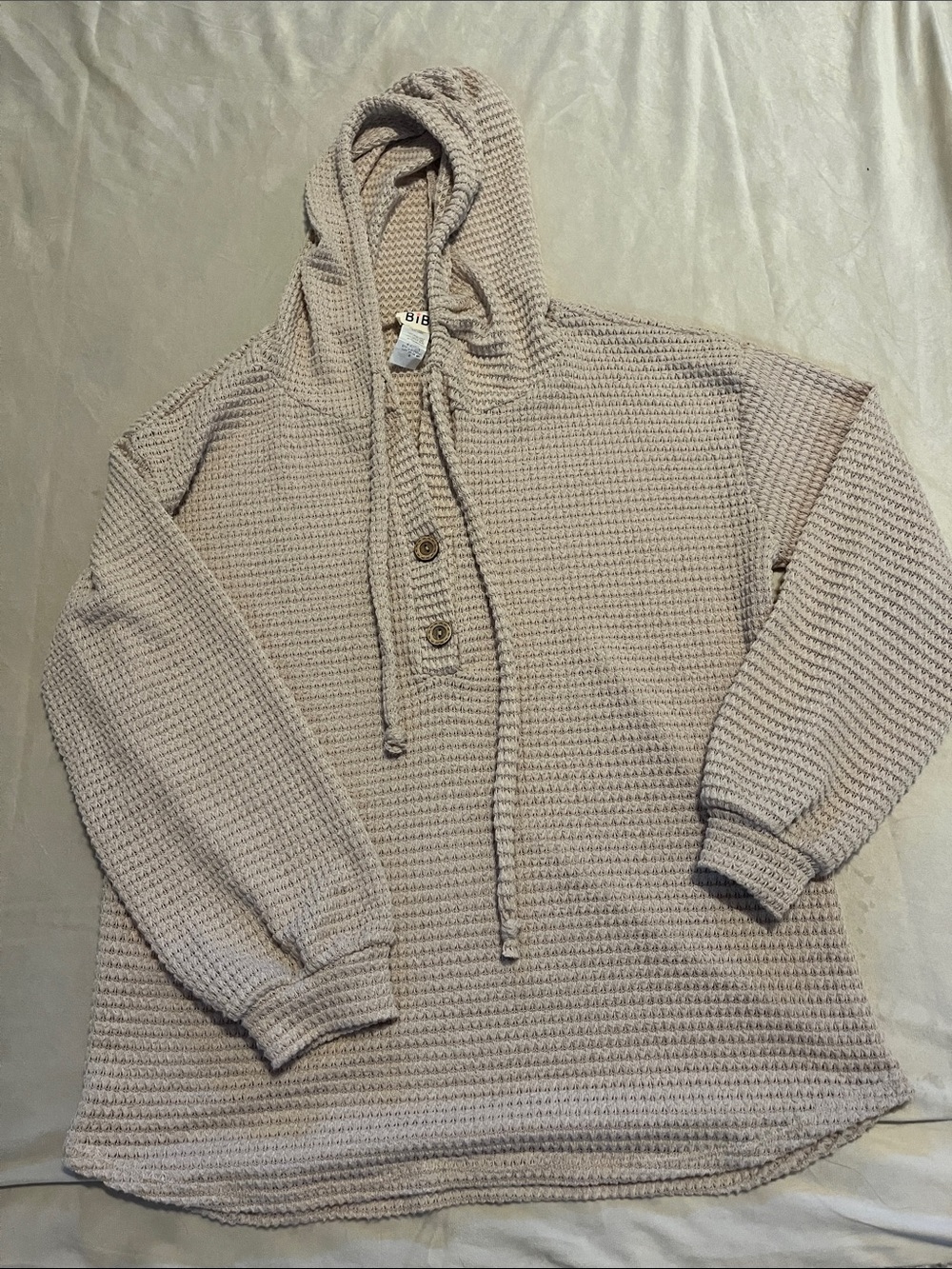 BiBi Waffle-Knit Hooded Pullover in Light Taupe